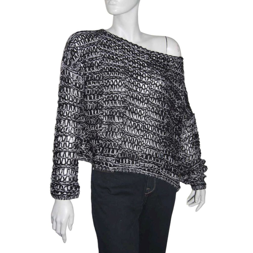 White Crow Black Chunky Open Weave Slouchy Pullover Sweater
